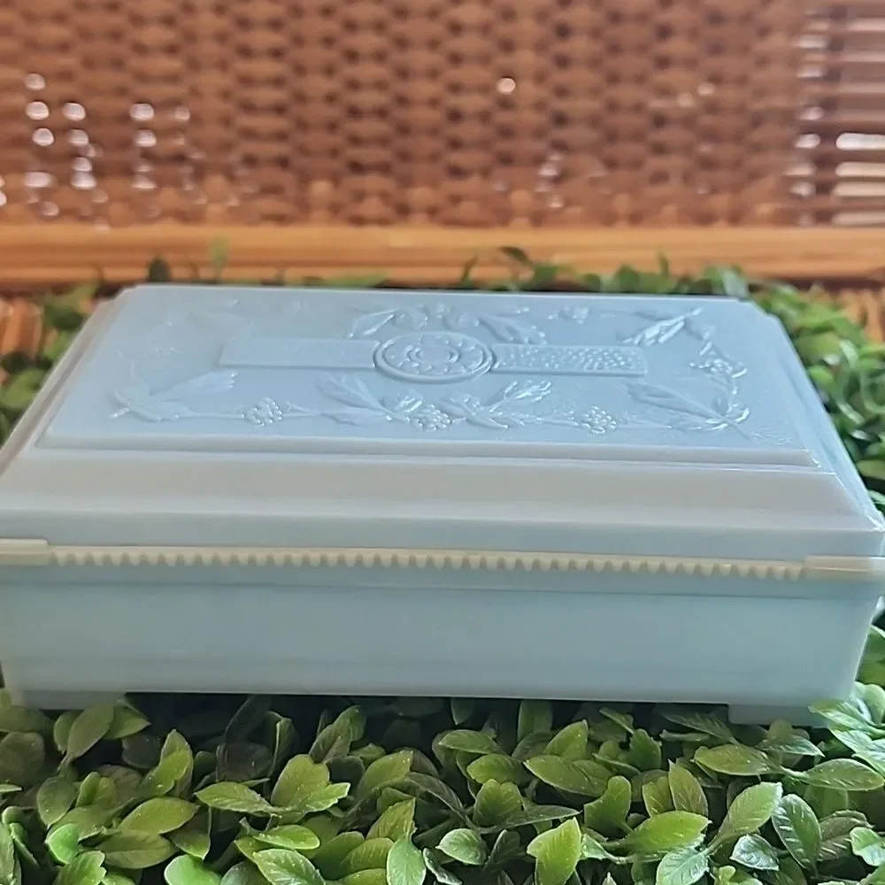 Vintage Rectangular Celluloid Lidded Vanity Table Box In Light Blue Coquette